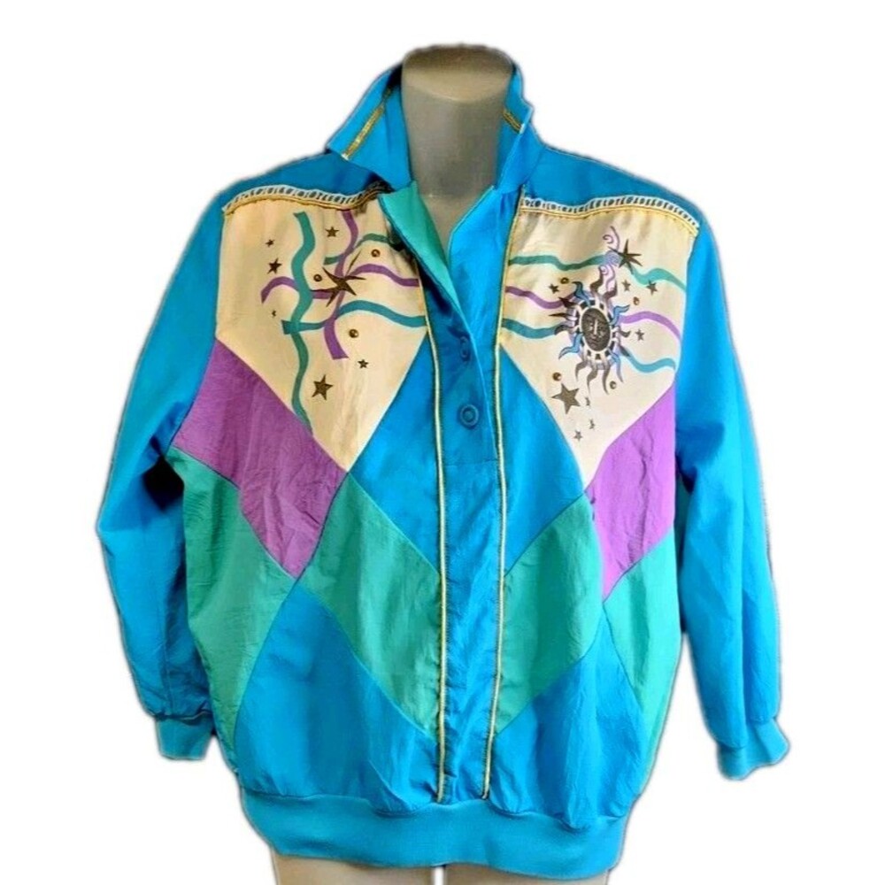 Vintage Celestial Pullover Windbreaker Jacket Sun Moon Stars Teal Purple L